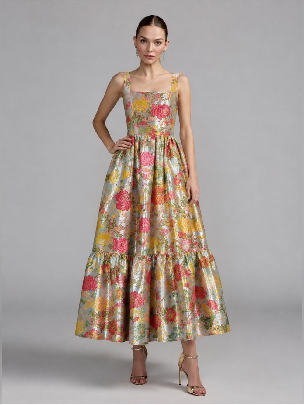 Mac Duggal Floral Metallic Brocade Jacquard Tiered Dress 11824